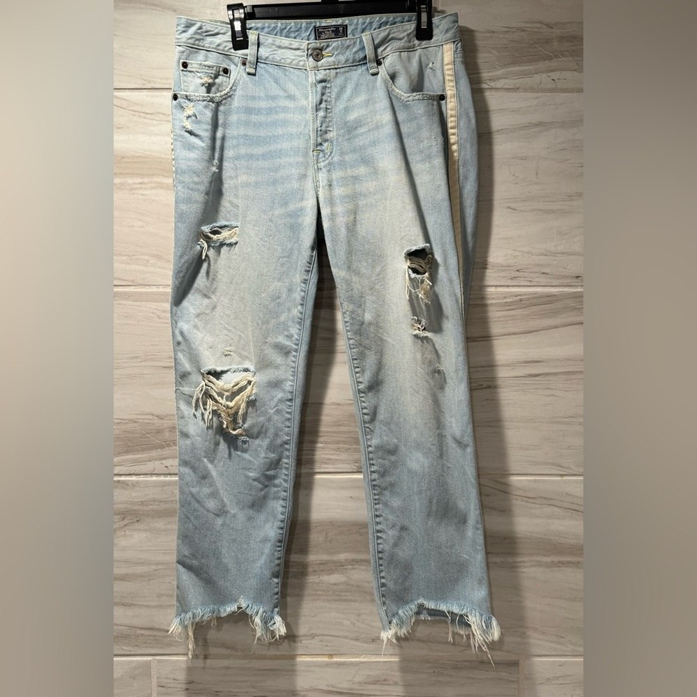Abercrombie & Fitch Ames Distressed Raw Hem Side Stripe Slim Boyfriend Jeans